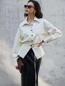 COMMENSE Faux Leather Button Polo Shirt Without Belt* Blouses & Shirts|Tops