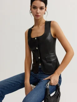 COMMENSE Faux Leather Button Vest* Outerwear|Vests