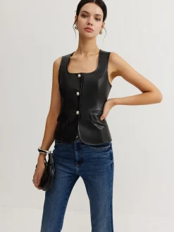COMMENSE Faux Leather Button Vest* Outerwear|Vests
