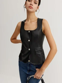 COMMENSE Faux Leather Button Vest* Outerwear|Vests