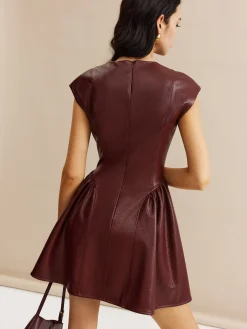 COMMENSE Faux Leather Panel Pleated Dress* Casual Dresses|Work Dresses