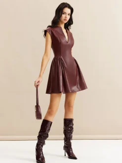 COMMENSE Faux Leather Panel Pleated Dress* Casual Dresses|Work Dresses