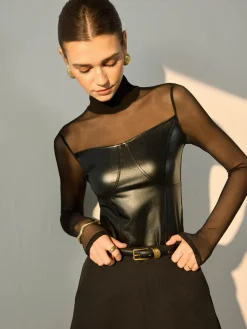 COMMENSE Faux Leather Panel Sheer Blouse* Blouses & Shirts|Tops