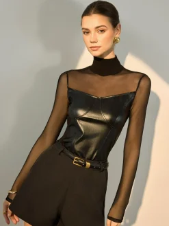 COMMENSE Faux Leather Panel Sheer Blouse* Blouses & Shirts|Tops