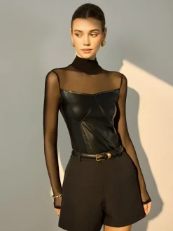 COMMENSE Faux Leather Panel Sheer Blouse* Blouses & Shirts|Tops