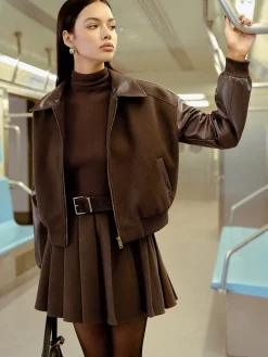 COMMENSE Faux Leather Panel Tweed Short Jacket* Outerwear|Jackets