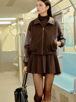 COMMENSE Faux Leather Panel Tweed Short Jacket* Outerwear|Jackets
