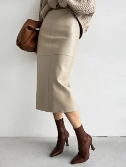 COMMENSE Faux Leather Piping Sit Midi Skirt* Skirts|Bottoms