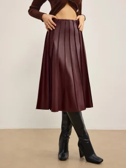 COMMENSE Faux Leather Pleated Midi Skirt* Skirts|Bottoms