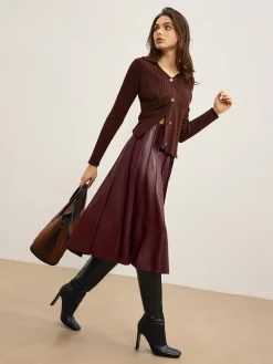 COMMENSE Faux Leather Pleated Midi Skirt* Skirts|Bottoms
