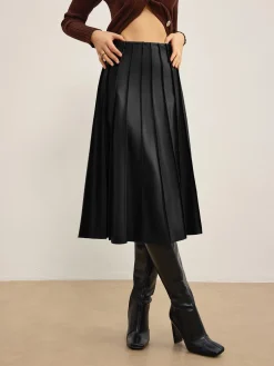 COMMENSE Faux Leather Pleated Midi Skirt* Skirts|Bottoms