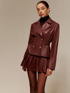 COMMENSE Faux Leather Pleated Skirt Set* Skirt Sets|Long Sleeve Sets