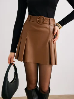COMMENSE Faux Leather Pleated Skirt With Belt* Skirts|Bottoms