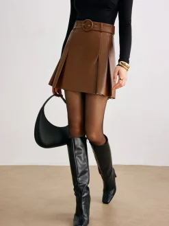 COMMENSE Faux Leather Pleated Skirt With Belt* Skirts|Bottoms