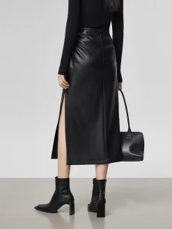 COMMENSE Faux Leather Ruched Slit Midi Skirt* Skirts|Bottoms