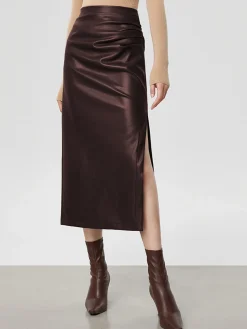 COMMENSE Faux Leather Ruched Slit Midi Skirt* Skirts|Bottoms