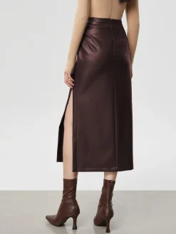 COMMENSE Faux Leather Ruched Slit Midi Skirt* Skirts|Bottoms