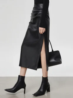COMMENSE Faux Leather Ruched Slit Midi Skirt* Skirts|Bottoms