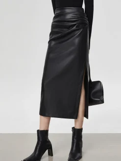 COMMENSE Faux Leather Ruched Slit Midi Skirt* Skirts|Bottoms