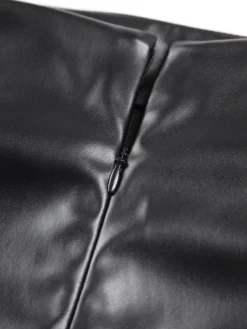 COMMENSE Faux Leather Ruched Slit Midi Skirt* Skirts|Bottoms