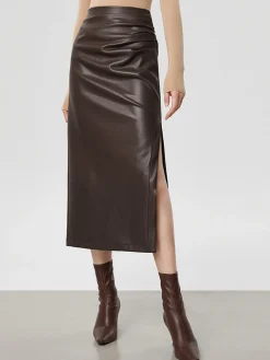 COMMENSE Faux Leather Ruched Slit Midi Skirt* Skirts|Bottoms