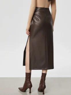 COMMENSE Faux Leather Ruched Slit Midi Skirt* Skirts|Bottoms