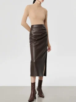COMMENSE Faux Leather Ruched Slit Midi Skirt* Skirts|Bottoms