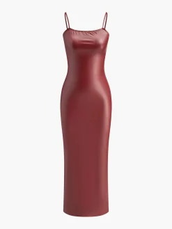 COMMENSE Faux Leather Slim Cami Dress* Casual Dresses|Cocktail & Party Dresses
