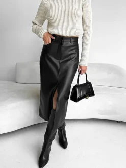 COMMENSE Faux Leather Slit Midi Skirt* Skirts|Bottoms