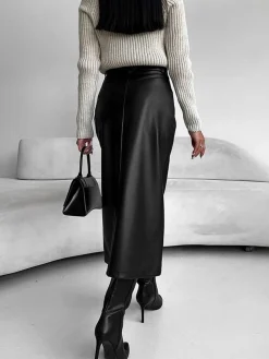 COMMENSE Faux Leather Slit Midi Skirt* Skirts|Bottoms