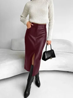 COMMENSE Faux Leather Slit Midi Skirt* Skirts|Bottoms