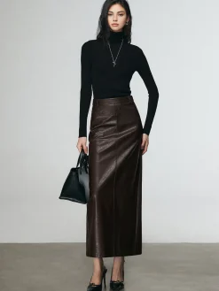 COMMENSE Faux Leather Split Midi Skirt* Skirts|Bottoms