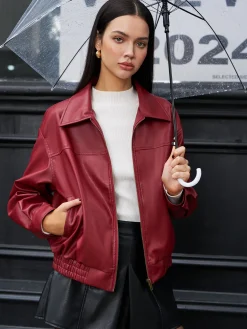 COMMENSE Faux Leather Zip Polo Jacket* Outerwear|Jackets