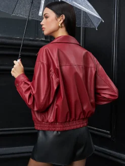 COMMENSE Faux Leather Zip Polo Jacket* Outerwear|Jackets
