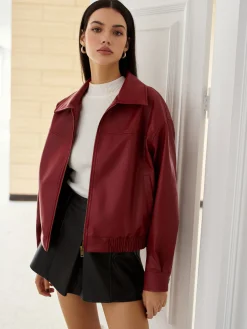 COMMENSE Faux Leather Zip Polo Jacket* Outerwear|Jackets