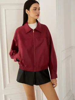 COMMENSE Faux Leather Zip Polo Jacket* Outerwear|Jackets