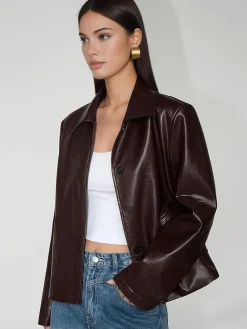 COMMENSE Faux Leather Zipper Short Polo Jacket* Outerwear|Jackets