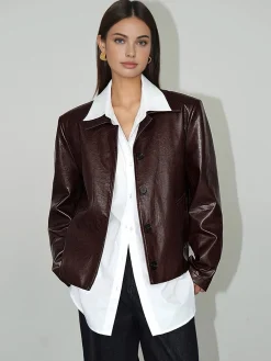 COMMENSE Faux Leather Zipper Short Polo Jacket* Outerwear|Jackets