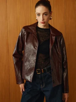 COMMENSE Faux Leather Zipper Short Polo Jacket* Outerwear|Jackets