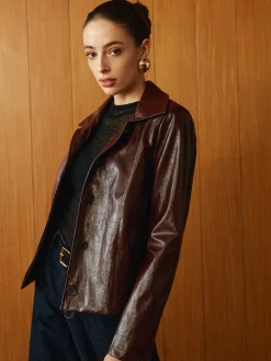 COMMENSE Faux Leather Zipper Short Polo Jacket* Outerwear|Jackets