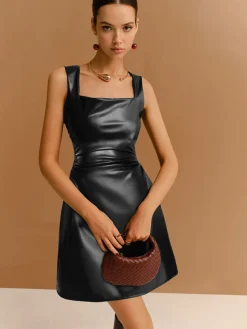 COMMENSE Faux Leather Zipper Strappy Dress* Black Dresses|Casual Dresses