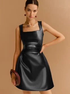 COMMENSE Faux Leather Zipper Strappy Dress* Casual Dresses|Work Dresses
