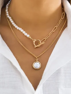 COMMENSE Faux Pearl Disc Pendant Necklace* Necklaces|Accessories