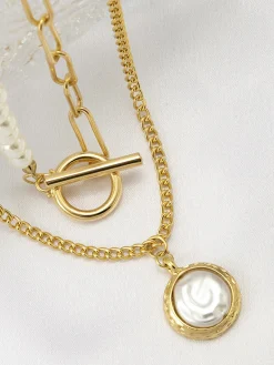 COMMENSE Faux Pearl Disc Pendant Necklace* Necklaces|Accessories