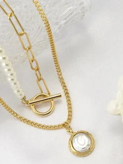COMMENSE Faux Pearl Disc Pendant Necklace* Necklaces|Accessories