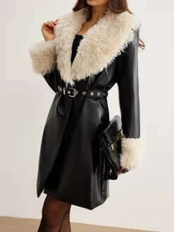 COMMENSE Feather Collar Faux Leather Jacket Without Belt* Outerwear|Jackets