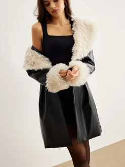 COMMENSE Feather Collar Faux Leather Jacket Without Belt* Outerwear|Jackets