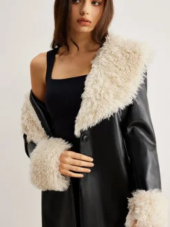 COMMENSE Feather Collar Faux Leather Jacket Without Belt* Outerwear|Jackets