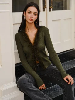 COMMENSE Feather Trim Wool-Blend Slim Sweater* Sweater Tops|Sweaters & Cardigans