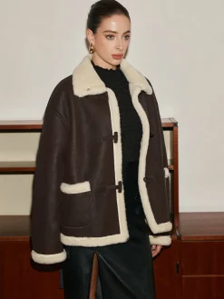 COMMENSE Fleece Lined Faux Leather Lapel Coat* Outerwear|Coats